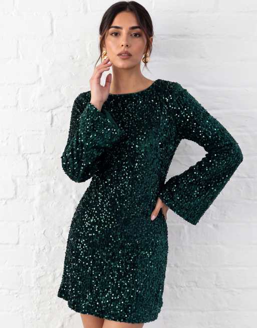 Lovedrobe Embellished velvet tie-back swing mini dress in emerald, 6 of 6