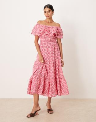 Lovedrobe Embroidered Bardot Neck Midi Dress In Pink