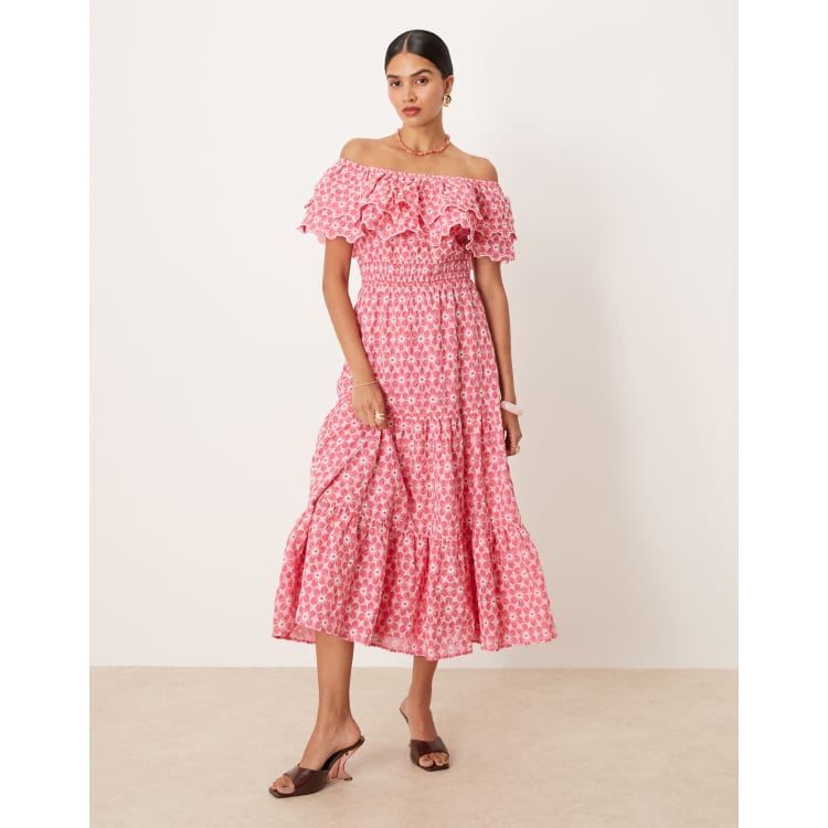 Lovedrobe Embroidered bardot neck midi dress in pink | ASOS