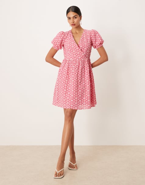 Lovedrobe Embroidered short sleeve faux wrap mini dress in pink - view 1