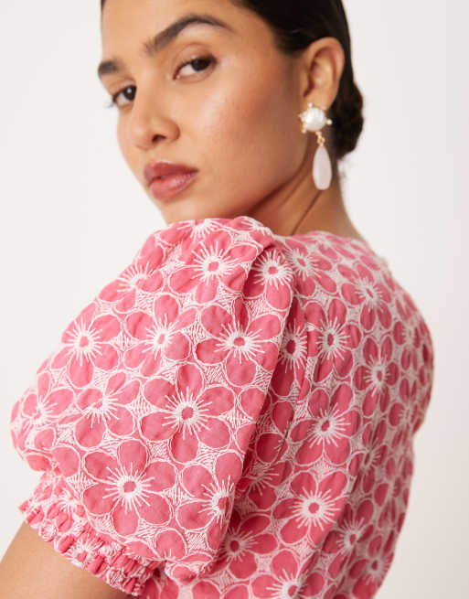 Lovedrobe Embroidered short sleeve faux wrap mini dress in pink, 4 of 4
