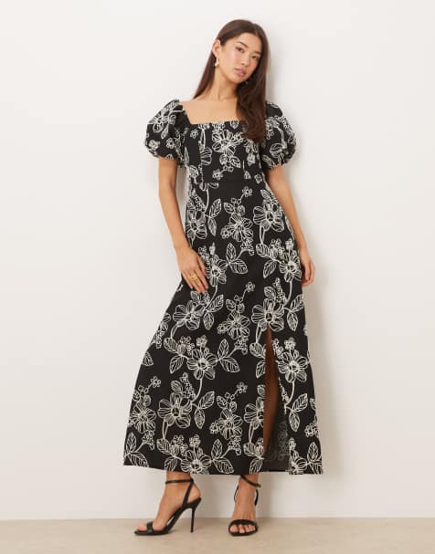 Lovedrobe Embroidered short sleeve square neck midaxi dress in black