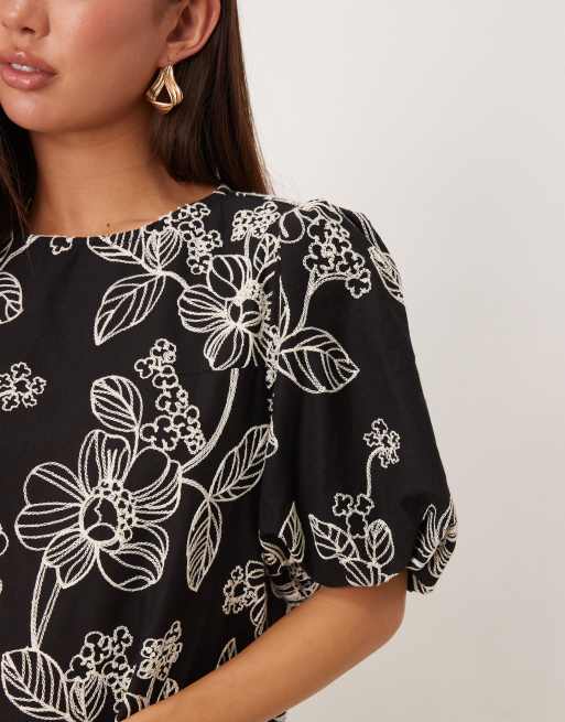 Lovedrobe Embroidered short sleeve swing mini dress in black, 3 of 4