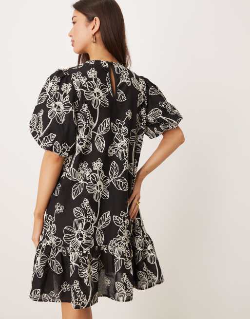 Lovedrobe Embroidered short sleeve swing mini dress in black, 4 of 4