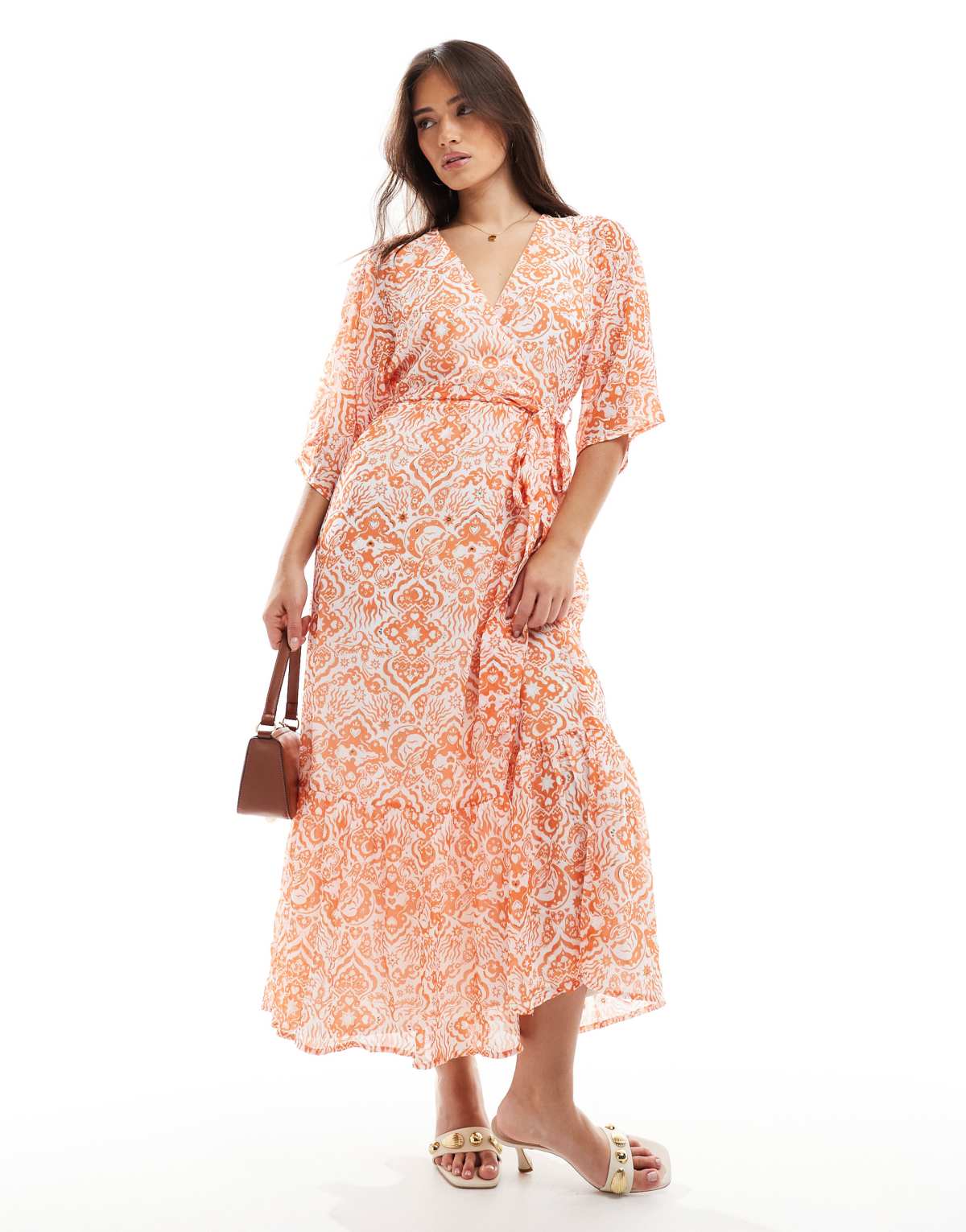 Lovedrobe Faux wrap kimono sleeve midaxi dress in orange