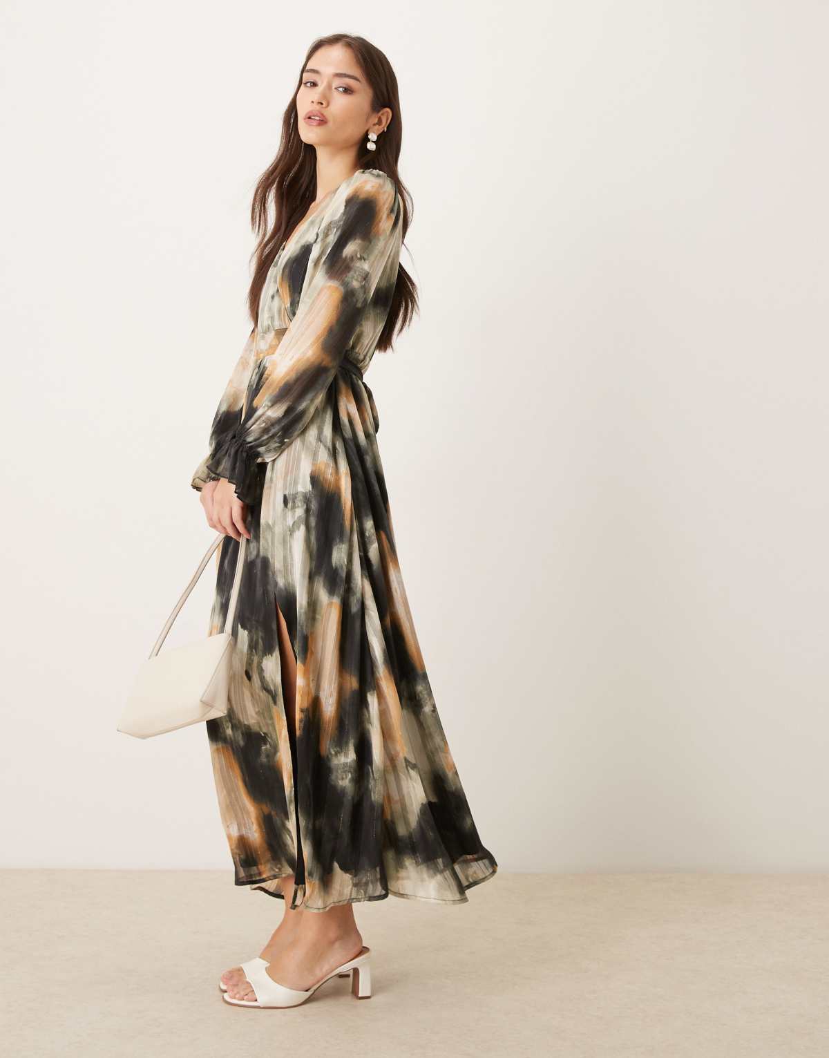 Lovedrobe Faux wrap long sleeve tie back midaxi dress in monochrome