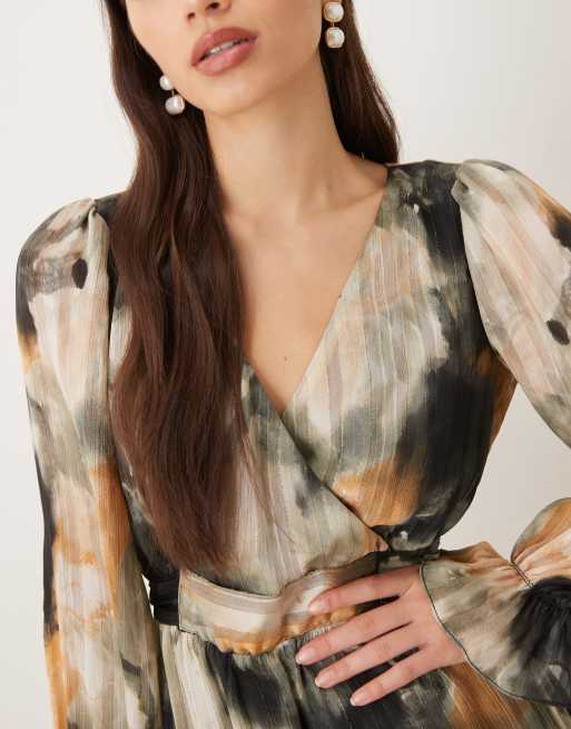 Lovedrobe Faux wrap long sleeve tie back midaxi dress in monochrome