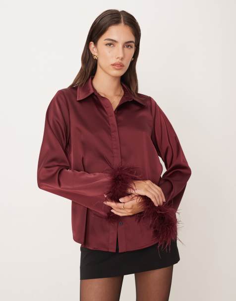 Lovedrobe Feather cuff satin shirt in burgundy - view 1