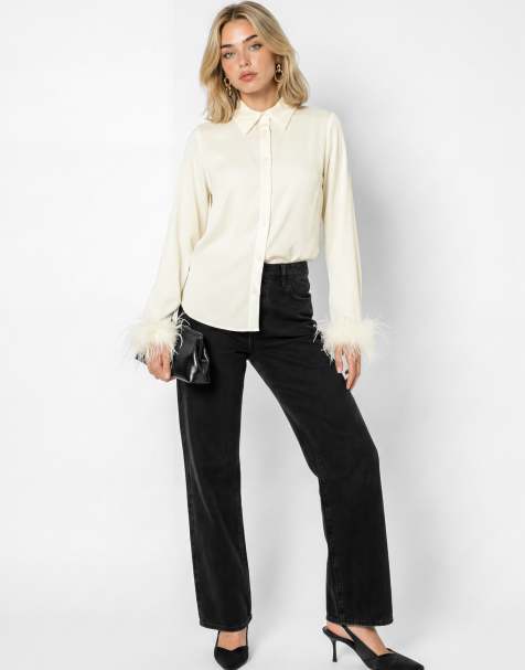 Lovedrobe Feather cuff satin shirt in ivory - view 1