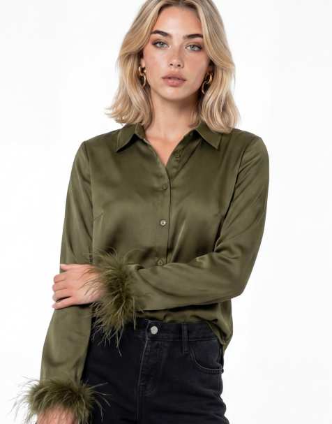 Lovedrobe Feather cuff satin shirt in olive - view 1