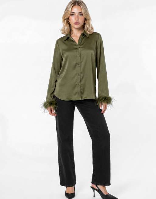 Lovedrobe Feather cuff satin shirt in olive, 2 of 4
