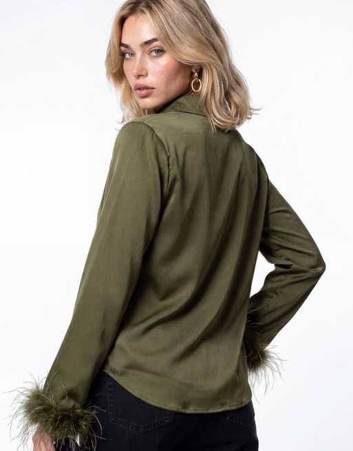 Lovedrobe Feather cuff satin shirt in olive, 3 of 4