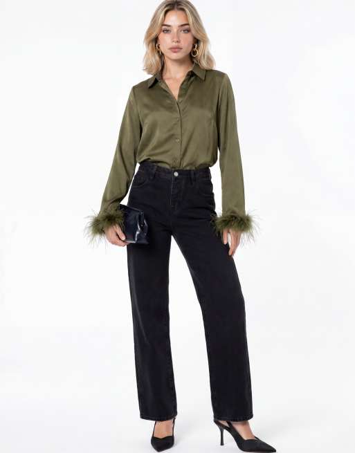 Lovedrobe Feather cuff satin shirt in olive, 4 of 4