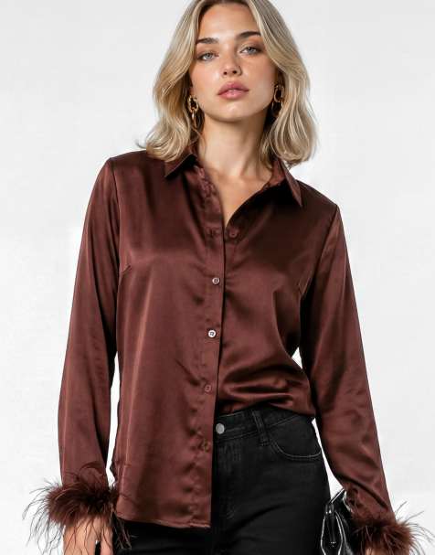 Lovedrobe Feather cuffs chocolate satin shirt in chocolate - view 1