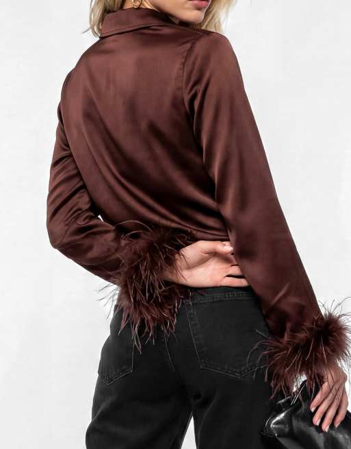 Lovedrobe Feather cuffs chocolate satin shirt in chocolate, 2 of 4