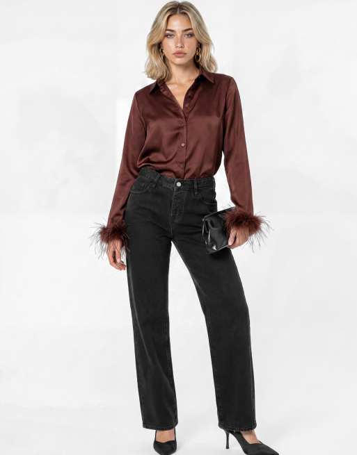 Lovedrobe Feather cuffs chocolate satin shirt in chocolate, 3 of 4