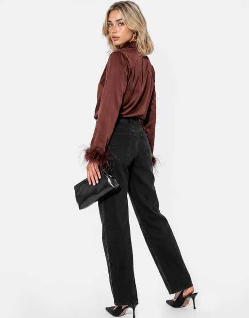 Lovedrobe Feather cuffs chocolate satin shirt in chocolate, 4 of 4