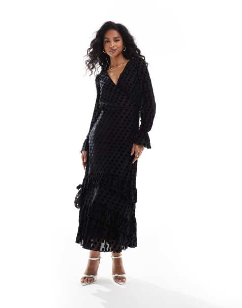 Lovedrobe Flocked polka dot midaxi dress in black