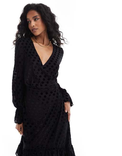Lovedrobe Flocked polka dot midaxi dress in black, 2 of 4