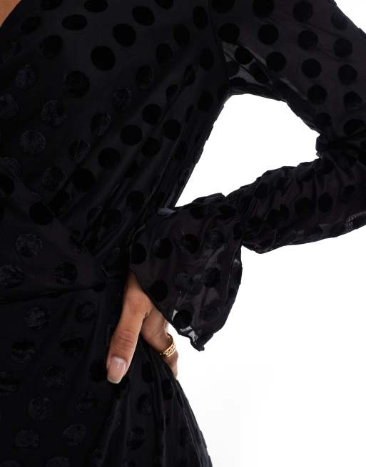 Lovedrobe Flocked polka dot midaxi dress in black, 3 of 4