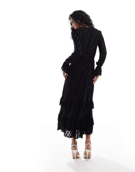 Lovedrobe Flocked polka dot midaxi dress in black, 4 of 4
