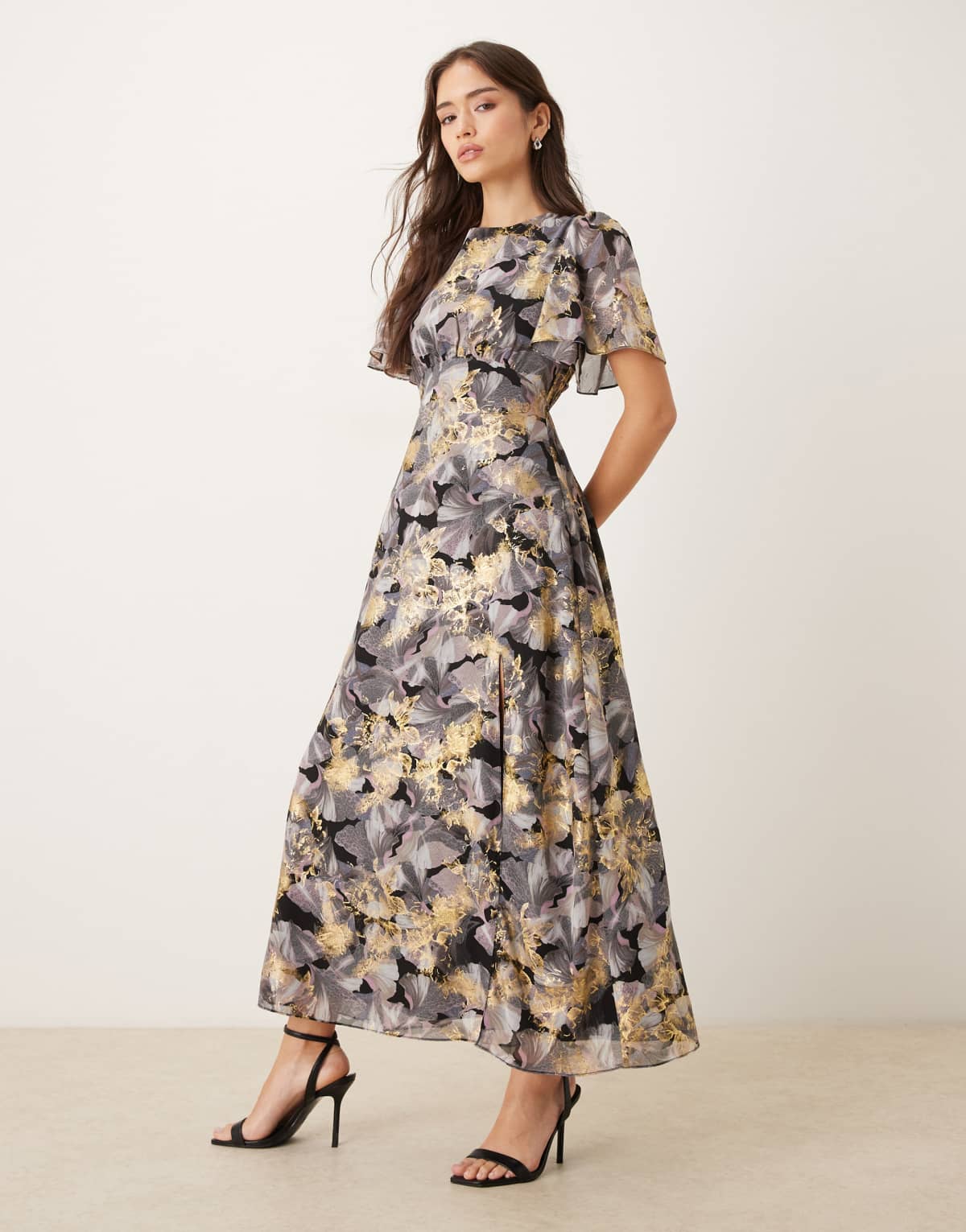 Lovedrobe Floral angel sleeve midaxi dress in multi