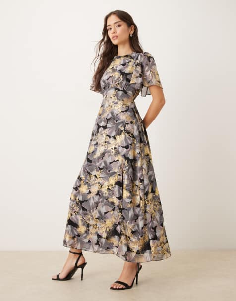 Lovedrobe Floral angel sleeve midaxi dress in multi