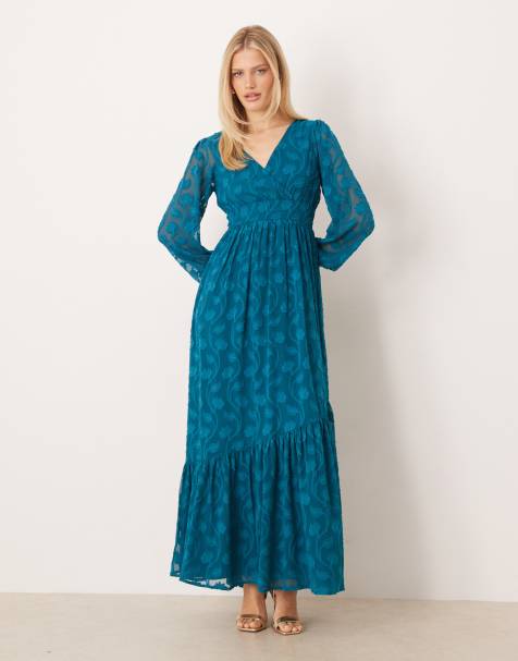 Lovedrobe Floral burnout asymmetric split hem tie back maxi dress in teal