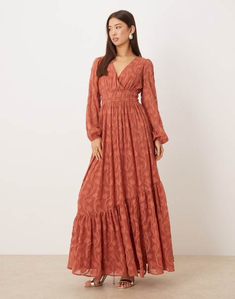 Lovedrobe Floral burnout asymmetric split hem tie back maxi dress in terracotta