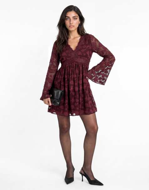Lovedrobe Floral burnout lace detail long sleeve mini dress in berry - view 1