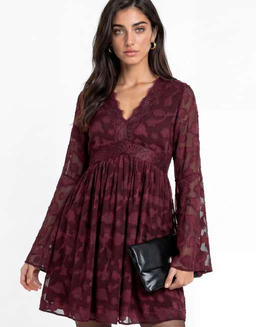 Lovedrobe Floral burnout lace detail long sleeve mini dress in berry, 3 of 5