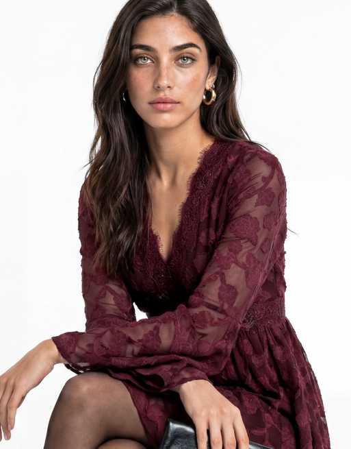 Lovedrobe Floral burnout lace detail long sleeve mini dress in berry, 4 of 5