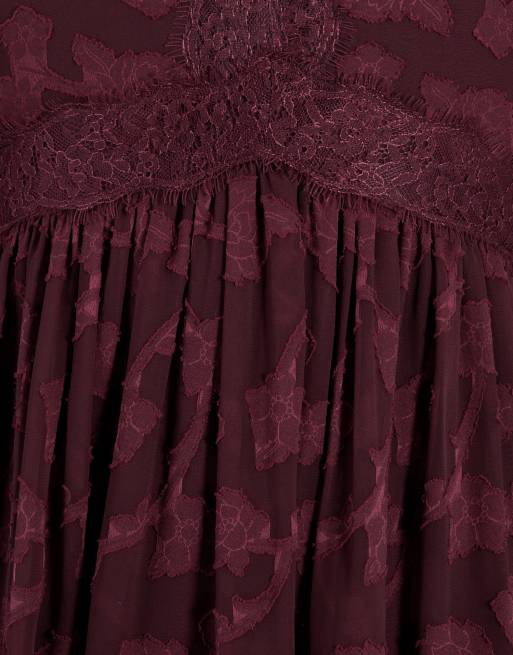 Lovedrobe Floral burnout lace detail long sleeve mini dress in berry, 5 of 5
