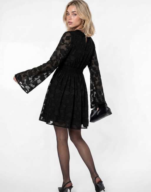 Lovedrobe Floral burnout lace detail long sleeve mini dress in black, 2 of 5