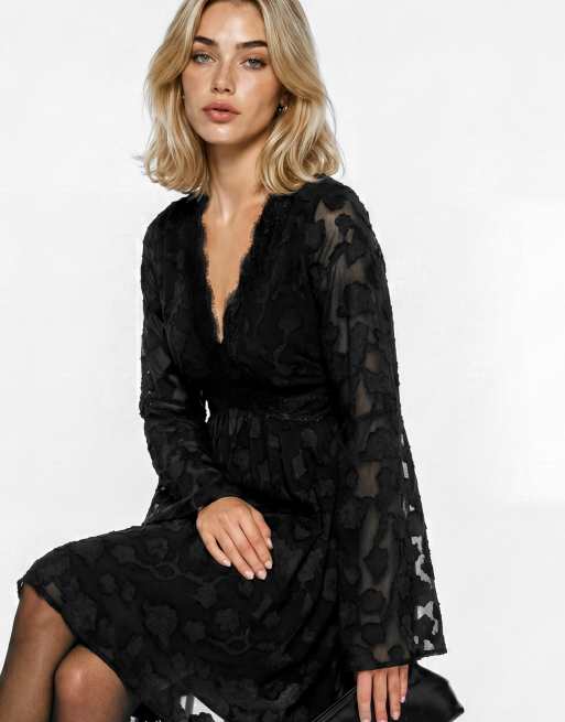 Lovedrobe Floral burnout lace detail long sleeve mini dress in black, 3 of 5