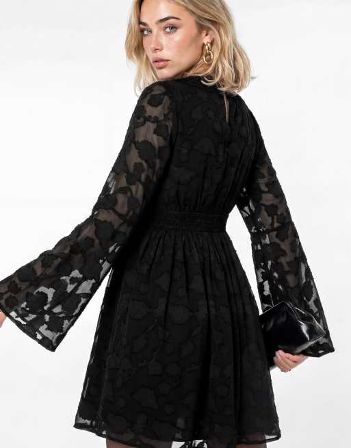 Lovedrobe Floral burnout lace detail long sleeve mini dress in black, 4 of 5