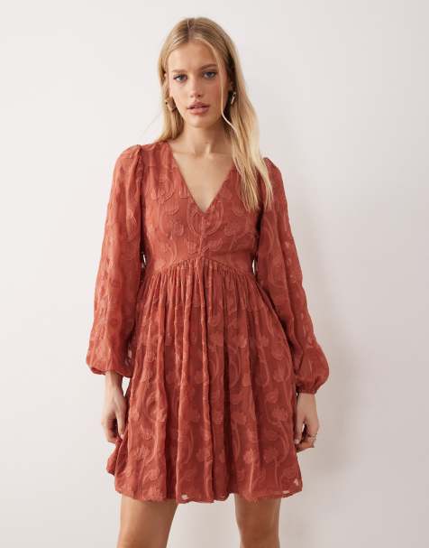 Lovedrobe Floral burnout long sleeve mini dress in terracotta