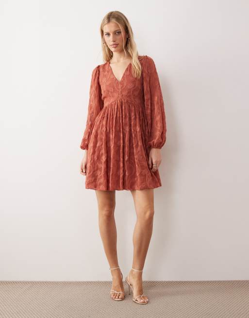 Lovedrobe Floral burnout long sleeve mini dress in terracotta, 2 of 4