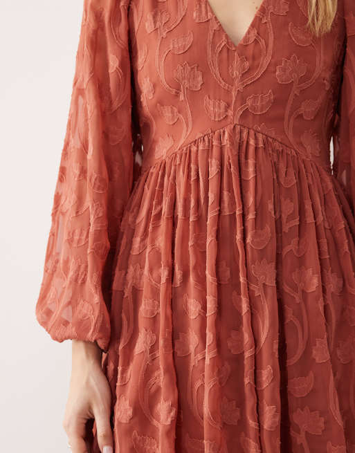 Lovedrobe Floral burnout long sleeve mini dress in terracotta, 3 of 4