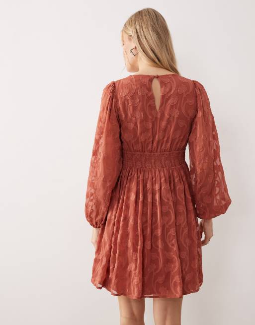 Lovedrobe Floral burnout long sleeve mini dress in terracotta, 4 of 4