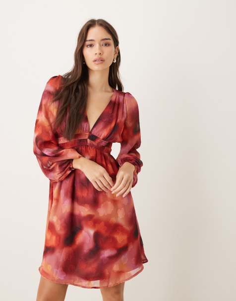 Lovedrobe Floral burnout long sleeve v neck mini dress in multi - view 1