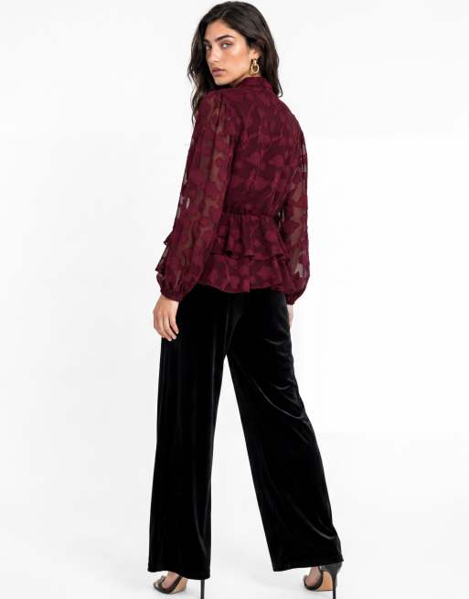 Lovedrobe Floral burnout pussybow peplum blouse in berry, 2 of 5