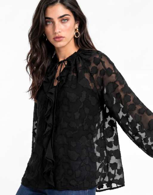 Lovedrobe Floral burnout raglan sleeve ruffle blouse in black, 3 of 5