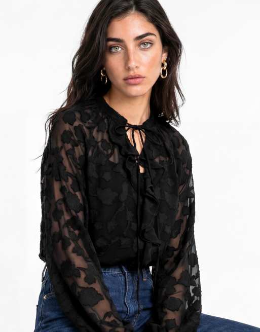 Lovedrobe Floral burnout raglan sleeve ruffle blouse in black, 4 of 5