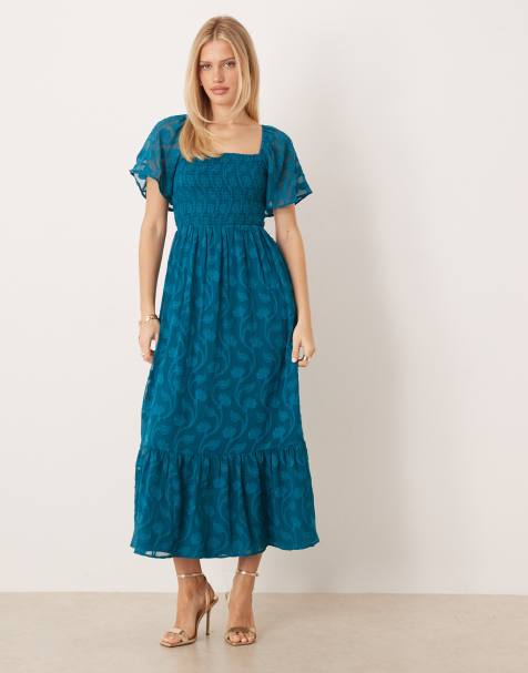 Lovedrobe Floral burnout square neck shirred midaxi dress in teal - view 1