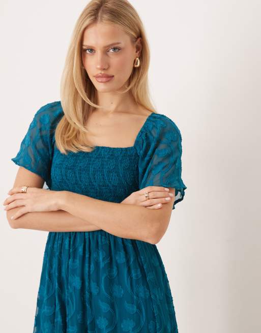 Lovedrobe Floral burnout square neck shirred midaxi dress in teal, 2 of 4