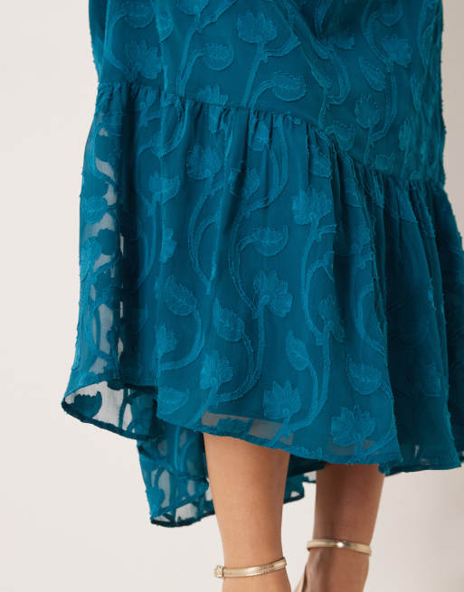 Lovedrobe Floral burnout square neck shirred midaxi dress in teal, 3 of 4