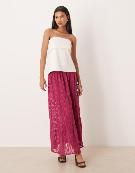 Lovedrobe Floral burnout tiered maxi skirt in fuchsia