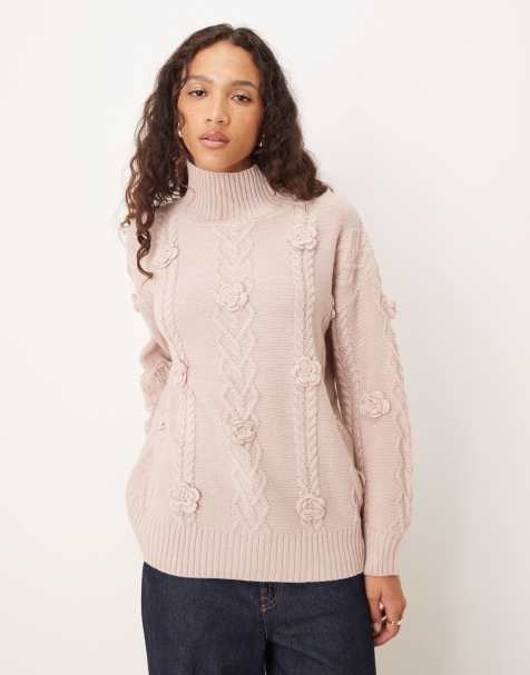 Lovedrobe Floral detail cable knit high neck jumper in blush - view 1