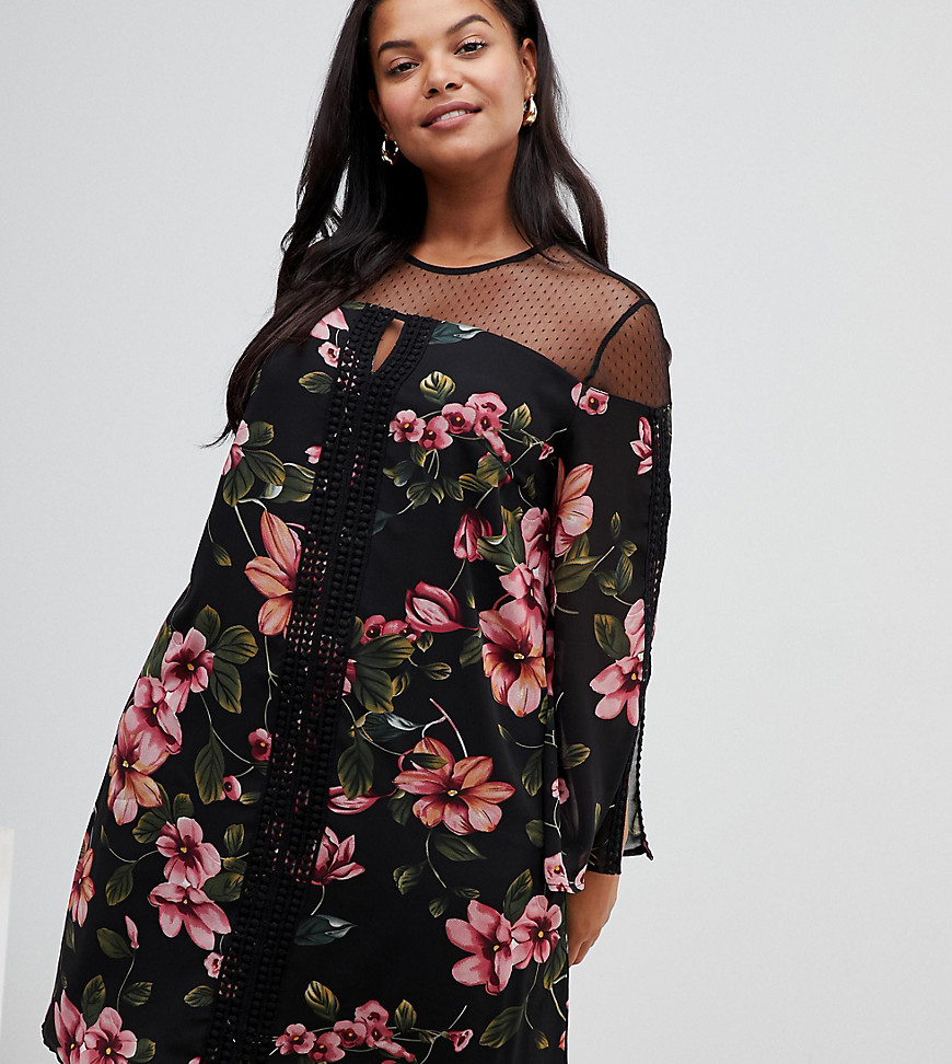 Lovedrobe floral dress with sheer panels-Multi